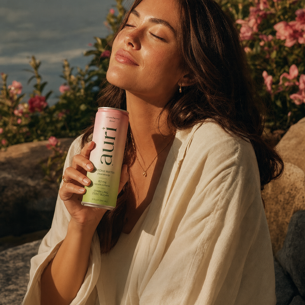 AURI matcha can in golden-hour light outdoors