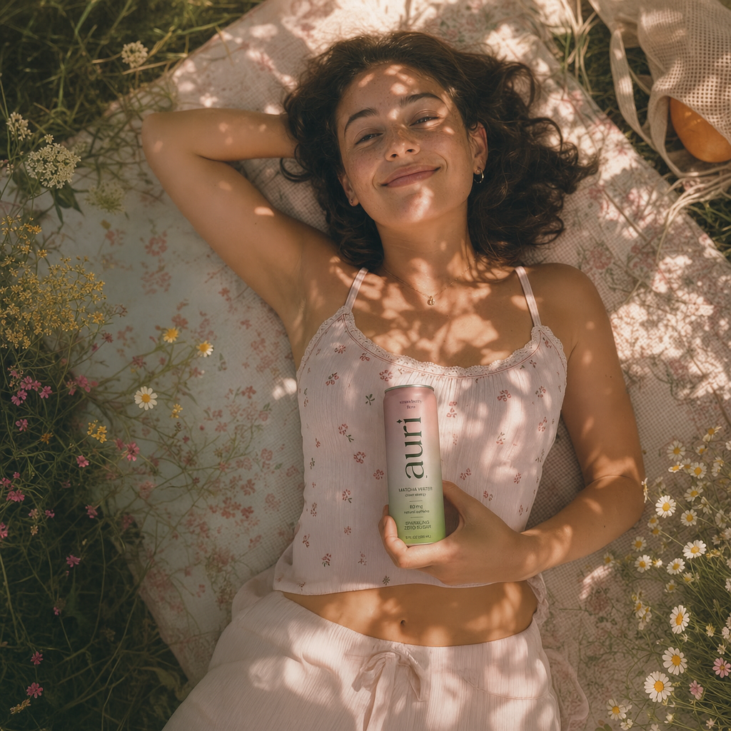 AURI matcha can at a picnic in the park