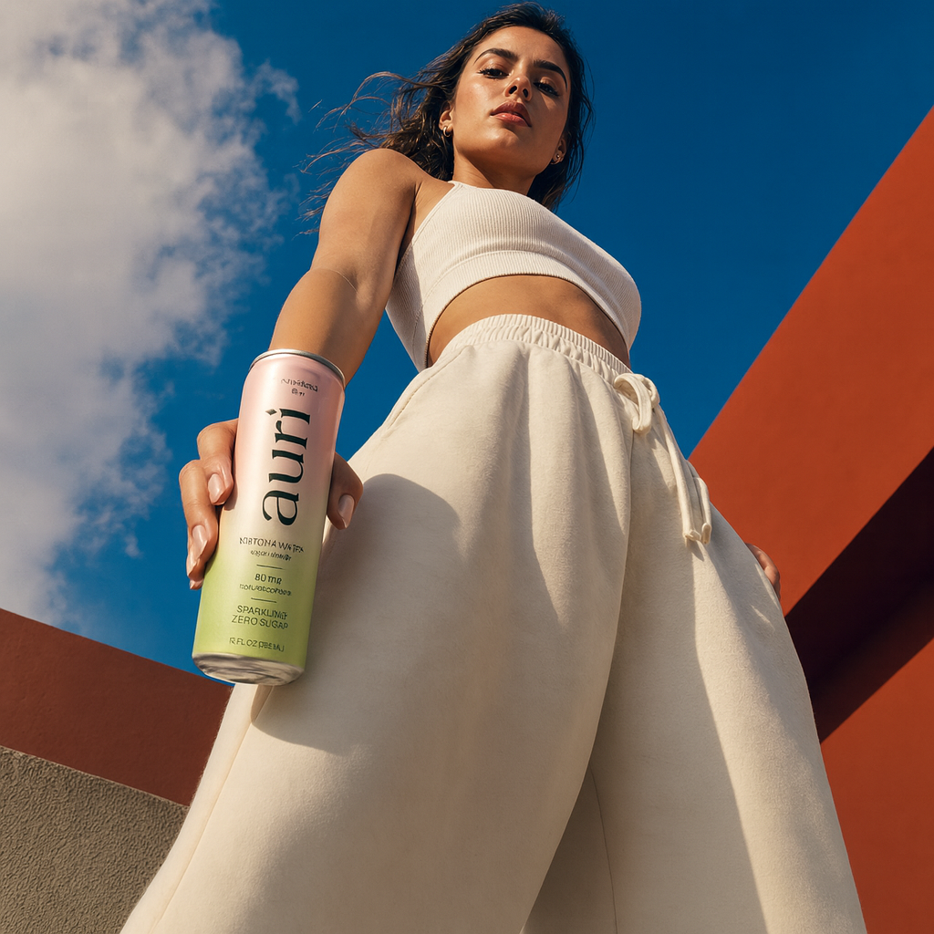AURI matcha can against a clear blue sky